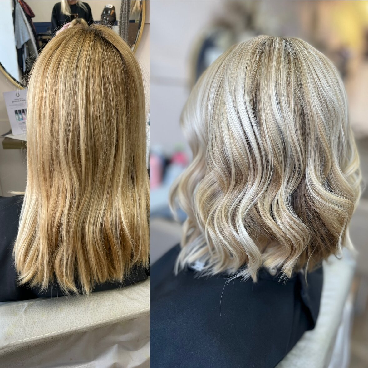Warm to cool blonde transformation with lob and waves